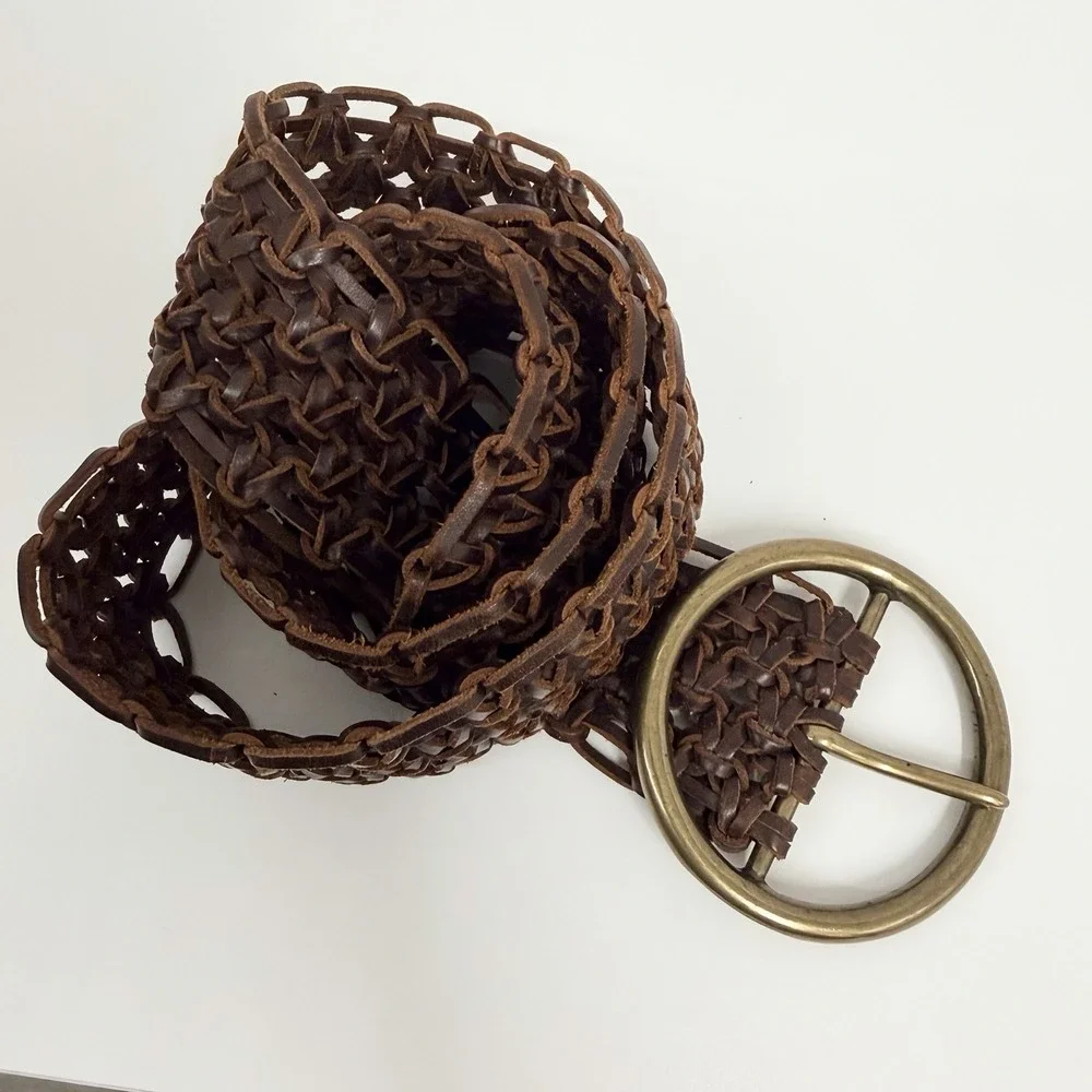 Wide Woven Leather Belt With Jumbo Round Solid Brass Buckle Brown Great Weave